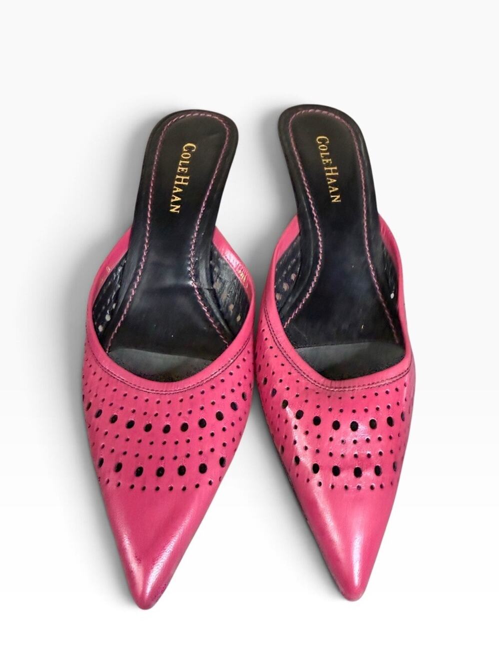 Cole Haan Pink Leather Perforated Mule Heels 8.5 Pointed Toe Kitten